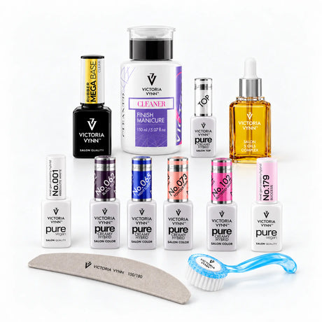 Victoria Vynn Salon Essentials and Classic Colours set with six gel polishes, base, top, cleaner, cuticle oil, nail file and blue brush.