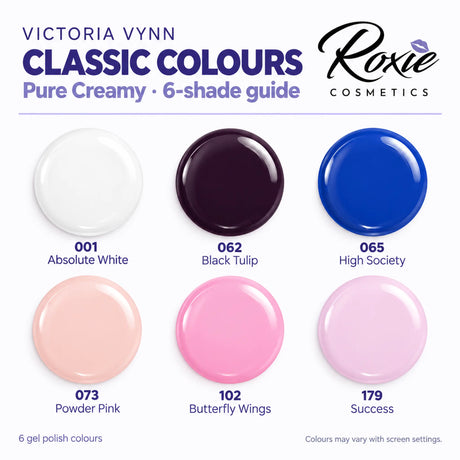 Victoria Vynn Classic Colours shade guide: 001 Absolute White, 062 Black Tulip, 065 High Society, 073 Powder Pink, 102 Butterfly Wings and 179 Success.