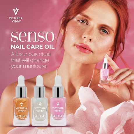 Victoria Vynn Senso Cuticle Nail Care Oil - product displayed with its packaging on a dark background
