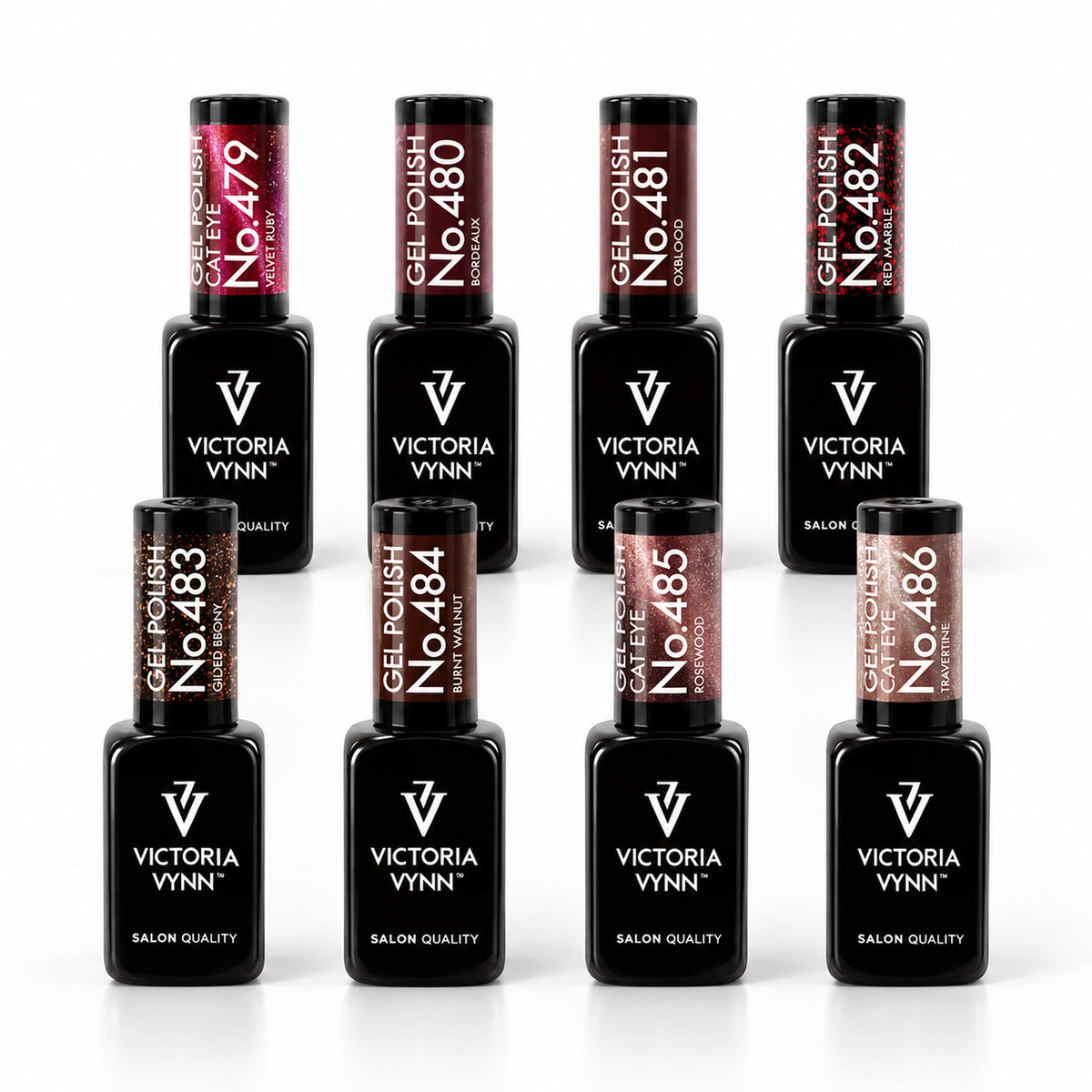 Eight Victoria Vynn The New Deco gel polish bottles, one each of shades 479–486, arranged on a white studio background