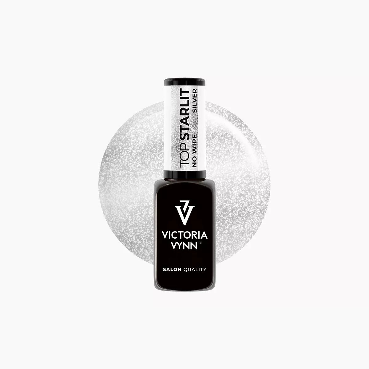 Victoria Vvnn Top Starlit No Wipe Silver gel nail top in a black bottle set against a silver glitter swatch.