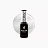 Victoria Vvnn Top Starlit No Wipe Silver gel nail top in a black bottle set against a silver glitter swatch.
