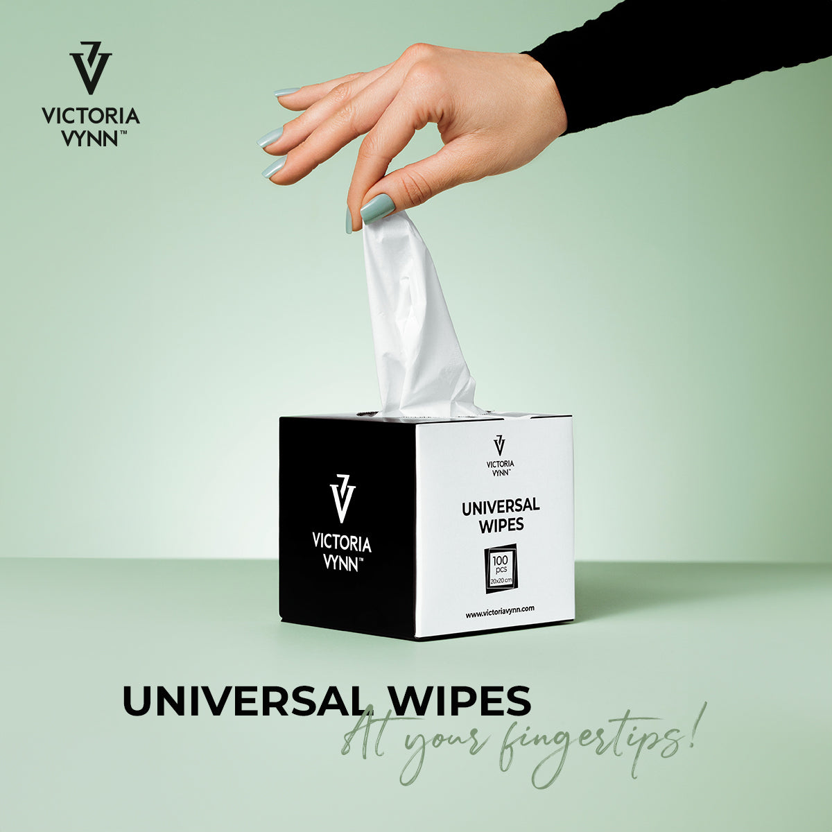 Victoria Vynn Universal Wipes - product displayed with its packaging on a dark background