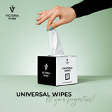 Victoria Vynn Universal Wipes - product displayed with its packaging on a dark background