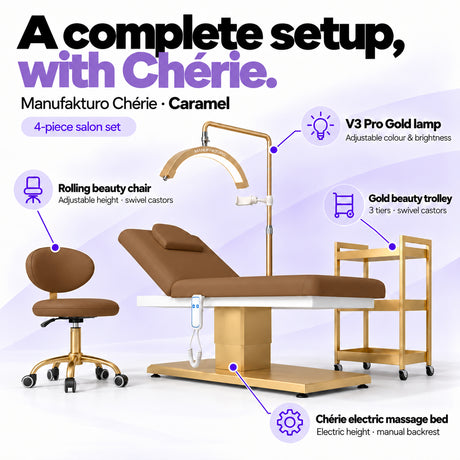 Manufakturo Chérie Caramel four-piece salon set features: treatment bed, matching salon chair, V3 Pro Gold lamp and gold three-tier beauty trolley.
