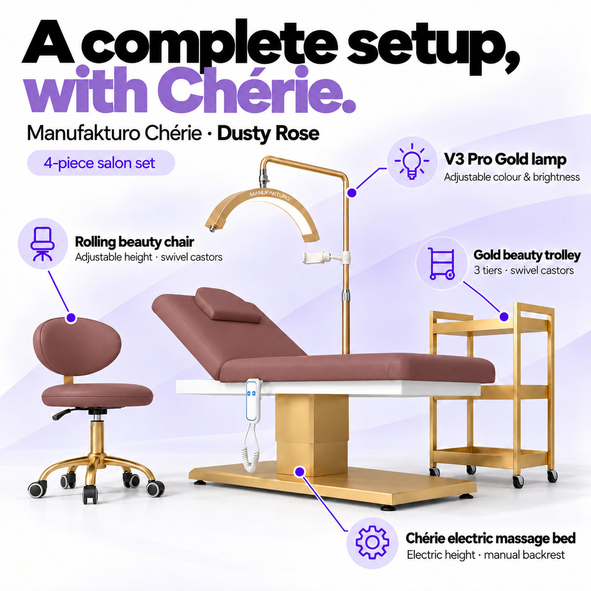 Manufakturo Chérie Dusty Rose four-piece salon set features: treatment bed, matching salon chair, V3 Pro Gold lamp and gold three-tier beauty trolley.