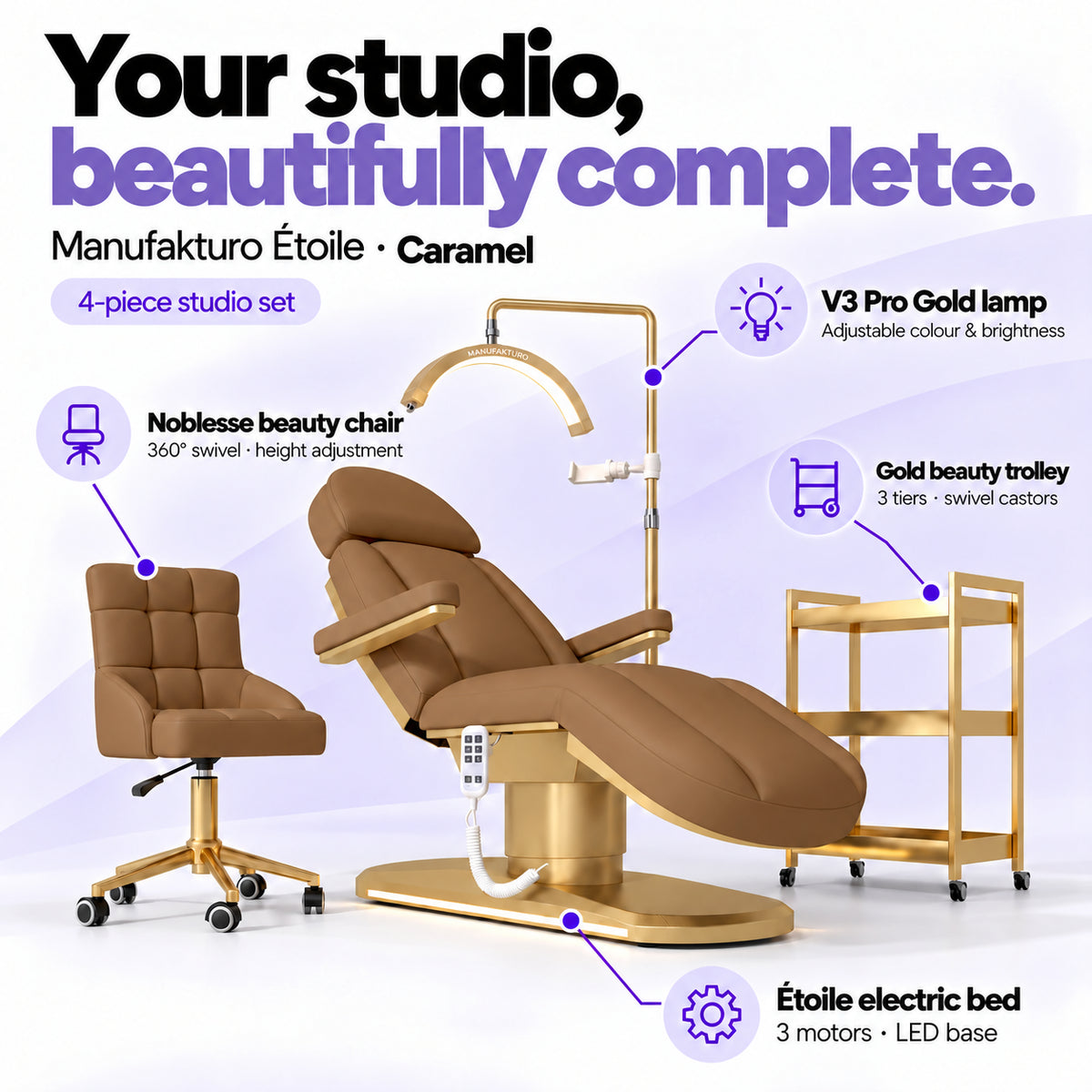 Manufakturo Étoile Caramel four-piece salon set features: treatment bed, matching salon chair, V3 Pro Gold lamp and gold three-tier beauty trolley.