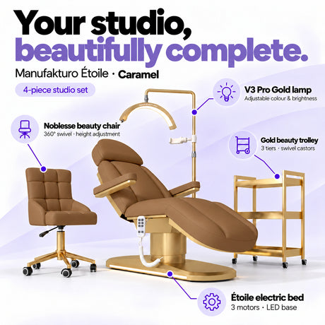 Manufakturo Étoile Caramel four-piece salon set features: treatment bed, matching salon chair, V3 Pro Gold lamp and gold three-tier beauty trolley.