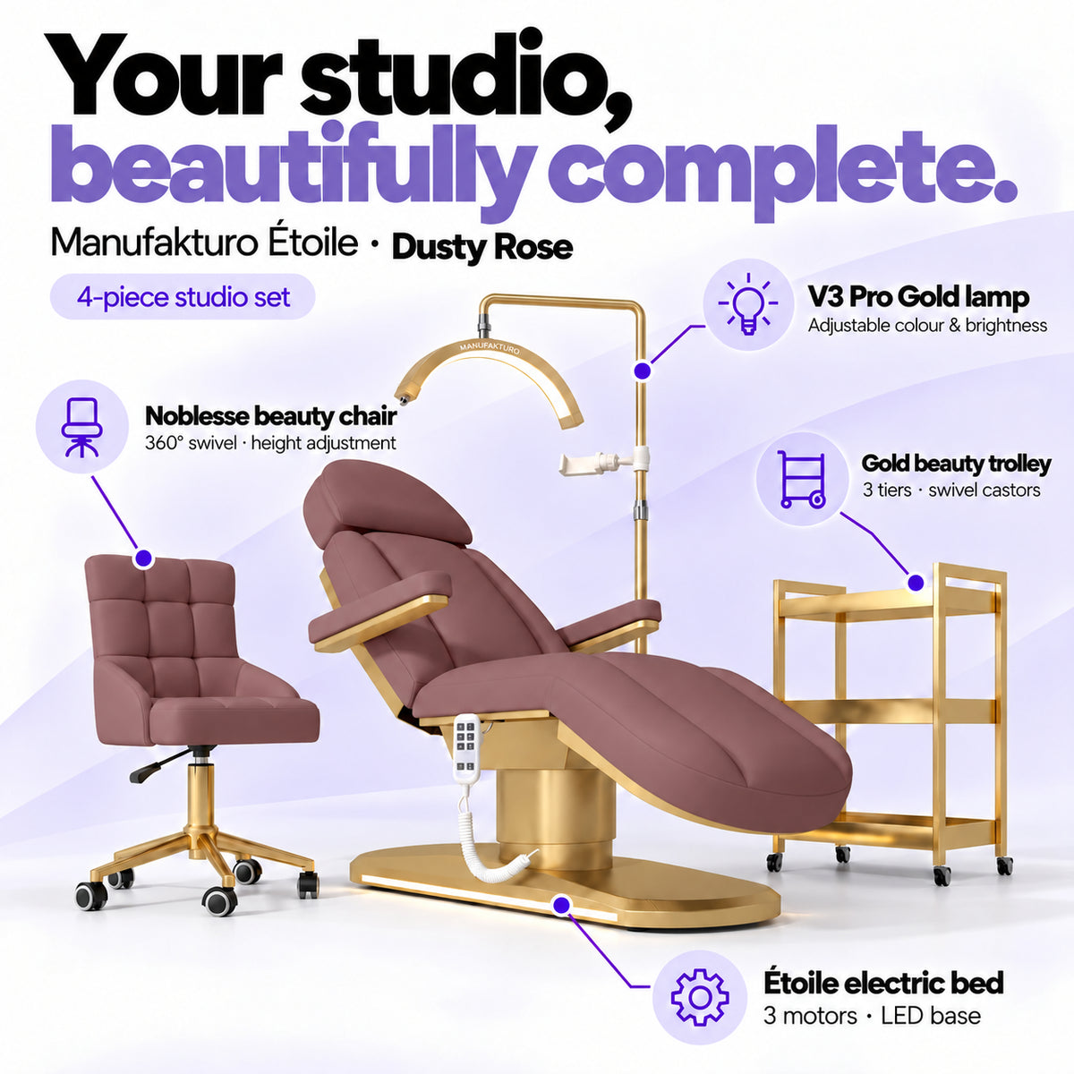 Manufakturo Étoile Dusty Rose four-piece salon set features: treatment bed, matching salon chair, V3 Pro Gold lamp and gold three-tier beauty trolley.