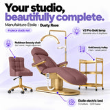 Manufakturo Étoile Dusty Rose four-piece salon set features: treatment bed, matching salon chair, V3 Pro Gold lamp and gold three-tier beauty trolley.