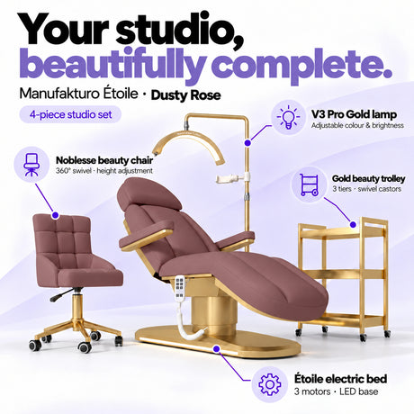 Manufakturo Étoile Dusty Rose four-piece salon set features: treatment bed, matching salon chair, V3 Pro Gold lamp and gold three-tier beauty trolley.