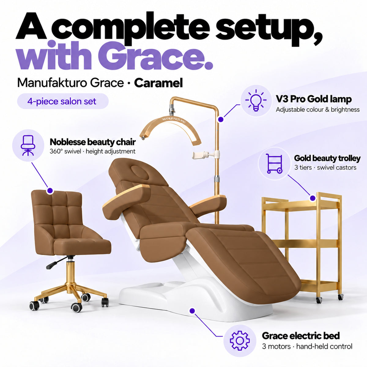 Manufakturo Grace Caramel four-piece salon set features: treatment bed, matching salon chair, V3 Pro Gold lamp and gold three-tier beauty trolley.