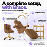 Manufakturo Grace Caramel four-piece salon set features: treatment bed, matching salon chair, V3 Pro Gold lamp and gold three-tier beauty trolley.