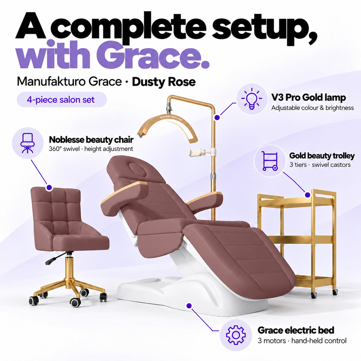 Manufakturo Grace Dusty Rose four-piece salon set features: treatment bed, matching salon chair, V3 Pro Gold lamp and gold three-tier beauty trolley.