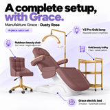 Manufakturo Grace Dusty Rose four-piece salon set features: treatment bed, matching salon chair, V3 Pro Gold lamp and gold three-tier beauty trolley.