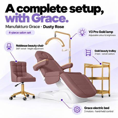 Manufakturo Grace Dusty Rose four-piece salon set features: treatment bed, matching salon chair, V3 Pro Gold lamp and gold three-tier beauty trolley.