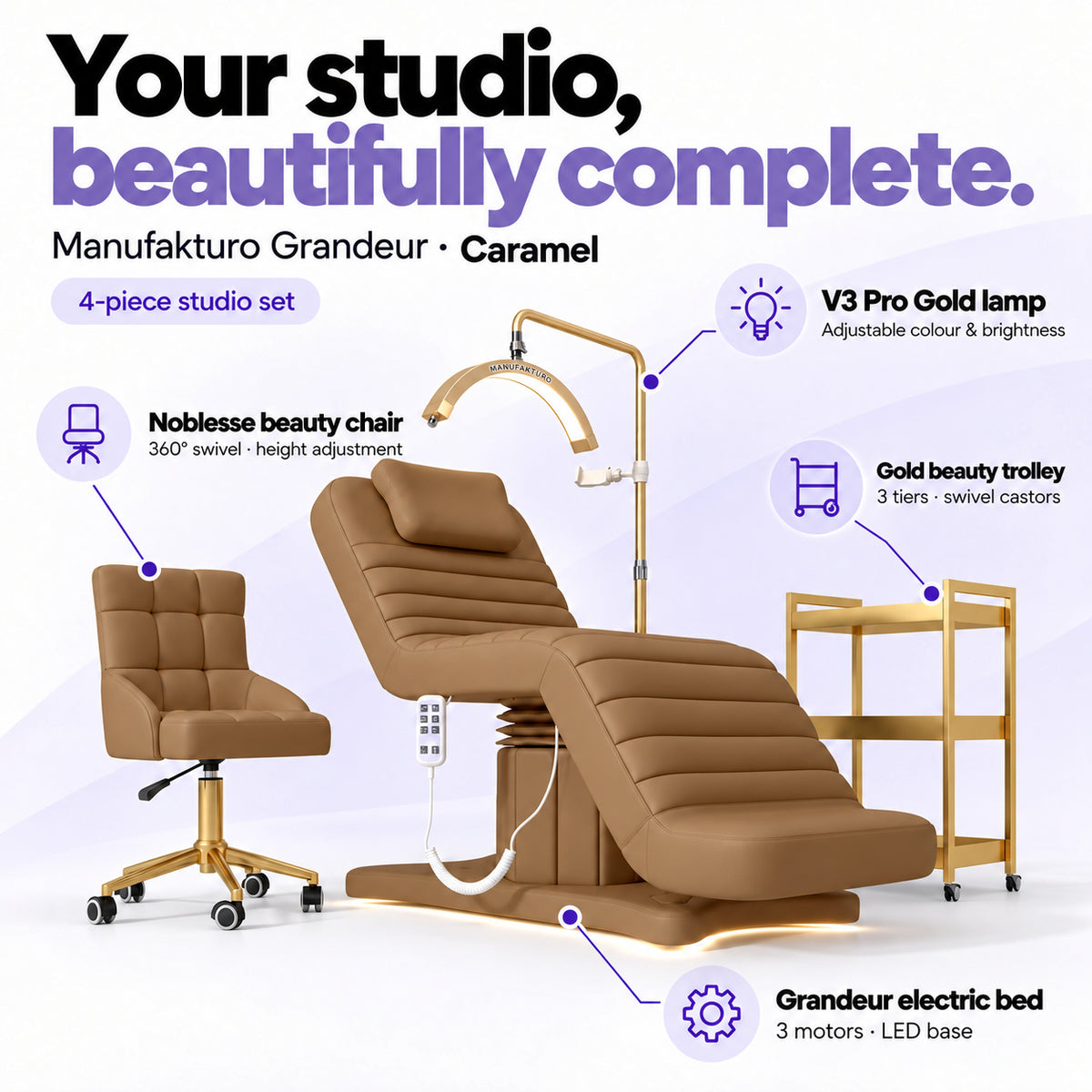 Manufakturo Grandeur Caramel four-piece salon set features: treatment bed, matching salon chair, V3 Pro Gold lamp and gold three-tier beauty trolley.