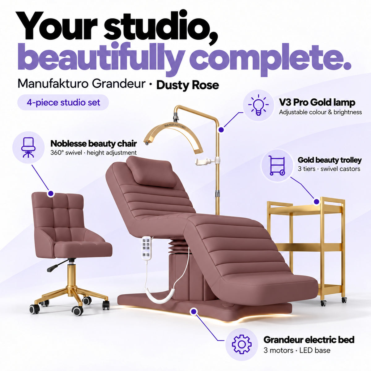 Manufakturo Grandeur Dusty Rose four-piece salon set features: treatment bed, matching salon chair, V3 Pro Gold lamp and gold three-tier beauty trolley.