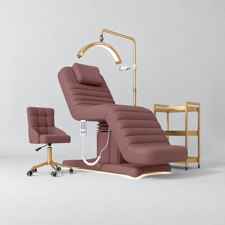Manufakturo Grandeur Dusty Rose four-piece salon set with treatment bed, matching salon chair, V3 Pro Gold lamp and empty gold three-tier beauty trolley.