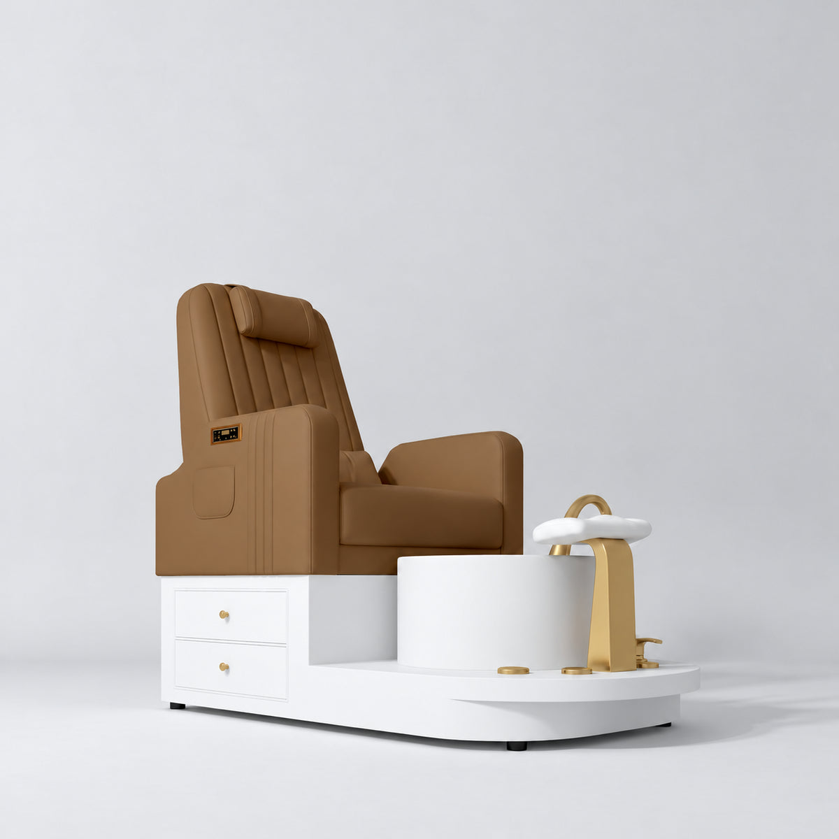 Manufakturo Noémie Caramel electric pedicure chair with gold tap, empty ceramic basin, smooth white foot support and two storage drawers.