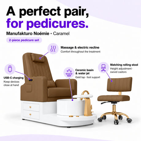 Manufakturo Noémie Caramel two-piece pedicure set features: electric recline and massage, USB-C charging, ceramic basin, water jet and matching adjustable rolling stool.