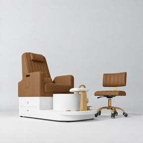Manufakturo Noémie Caramel two-piece pedicure set with electric massage chair, gold tap, smooth white foot support and matching rolling stool.