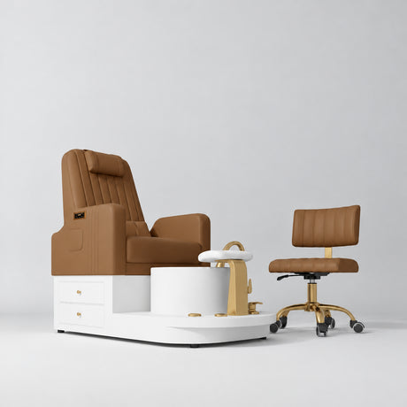 Manufakturo Noémie Caramel two-piece pedicure set with electric massage chair, gold tap, smooth white foot support and matching rolling stool.