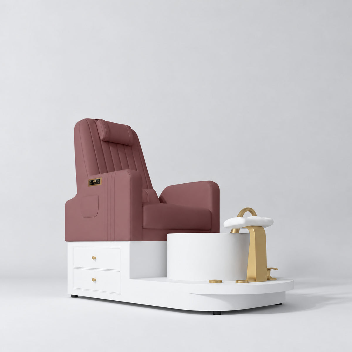 Manufakturo Noémie Dusty Rose electric pedicure chair with gold tap, empty ceramic basin, smooth white foot support and two storage drawers.
