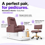 Manufakturo Noémie Dusty Rose two-piece pedicure set features: electric recline and massage, USB-C charging, ceramic basin, water jet and matching adjustable rolling stool.