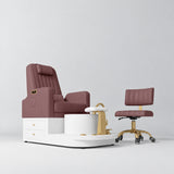 Manufakturo Noémie Dusty Rose two-piece pedicure set with electric massage chair, gold tap, smooth white foot support and matching rolling stool.