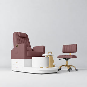 Manufakturo Noémie Dusty Rose two-piece pedicure set with electric massage chair, gold tap, smooth white foot support and matching rolling stool.
