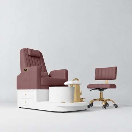 Manufakturo Noémie Dusty Rose two-piece pedicure set with electric massage chair, gold tap, smooth white foot support and matching rolling stool.