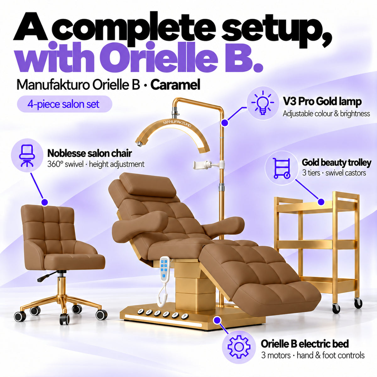 Manufakturo Orielle B Caramel four-piece salon set features: treatment bed, matching salon chair, V3 Pro Gold lamp and gold three-tier beauty trolley.