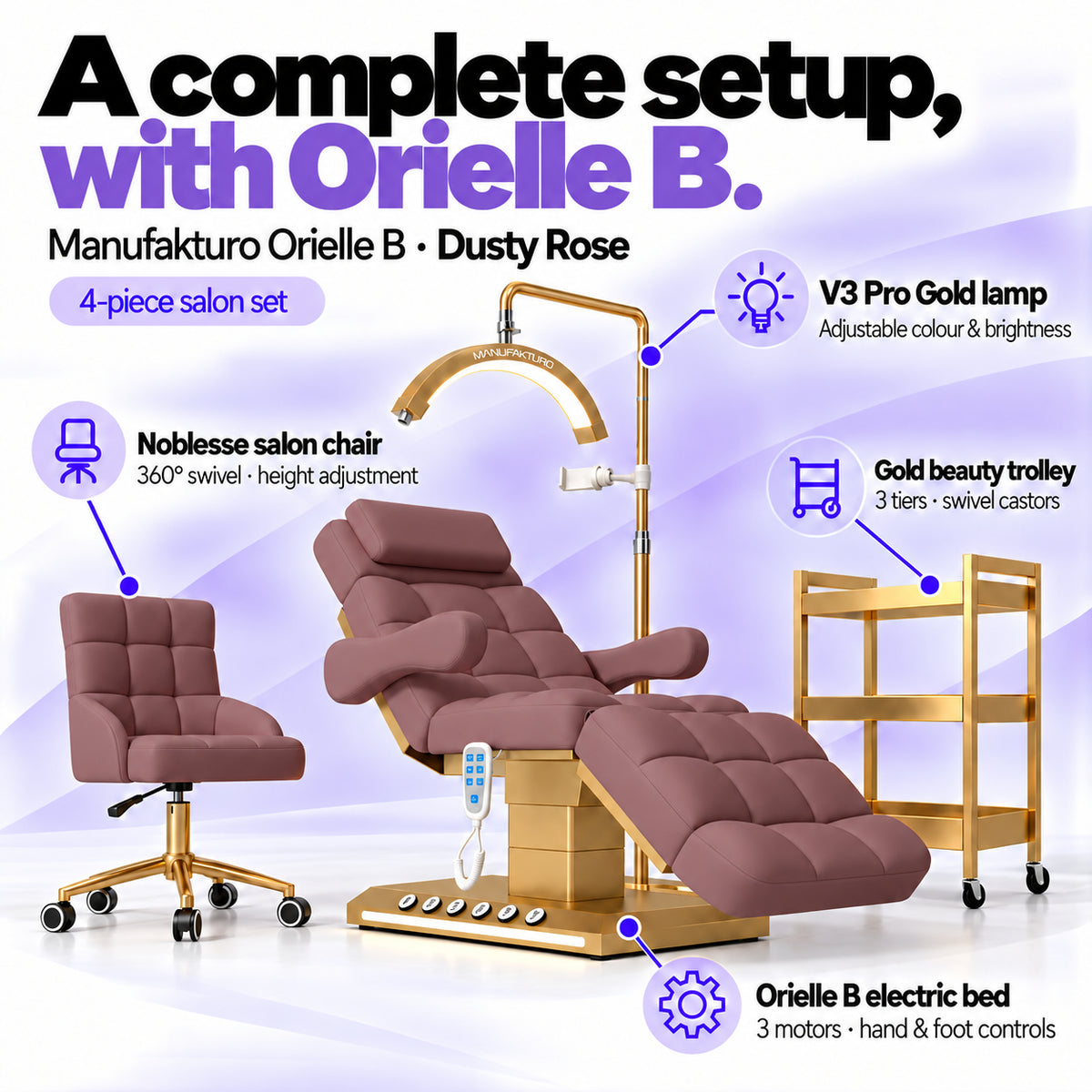 Manufakturo Orielle B Dusty Rose four-piece salon set features: treatment bed, matching salon chair, V3 Pro Gold lamp and gold three-tier beauty trolley.