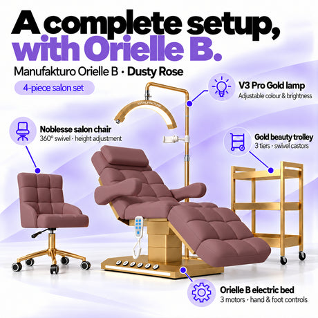 Manufakturo Orielle B Dusty Rose four-piece salon set features: treatment bed, matching salon chair, V3 Pro Gold lamp and gold three-tier beauty trolley.