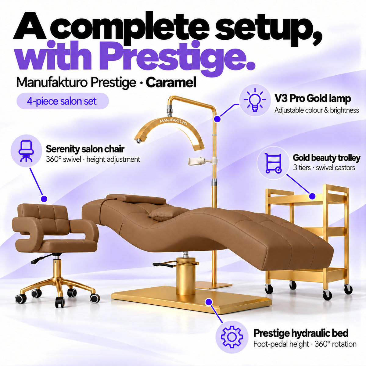 Manufakturo Prestige Caramel four-piece salon set features: treatment bed, matching salon chair, V3 Pro Gold lamp and gold three-tier beauty trolley.