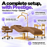 Manufakturo Prestige Caramel four-piece salon set features: treatment bed, matching salon chair, V3 Pro Gold lamp and gold three-tier beauty trolley.
