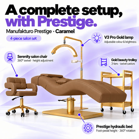Manufakturo Prestige Caramel four-piece salon set features: treatment bed, matching salon chair, V3 Pro Gold lamp and gold three-tier beauty trolley.