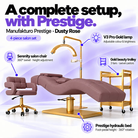 Manufakturo Prestige Dusty Rose four-piece salon set features: treatment bed, matching salon chair, V3 Pro Gold lamp and gold three-tier beauty trolley.