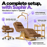 Manufakturo Saphir version A Caramel four-piece salon set features: treatment bed, matching salon chair, V3 Pro Gold lamp and gold three-tier beauty trolley.