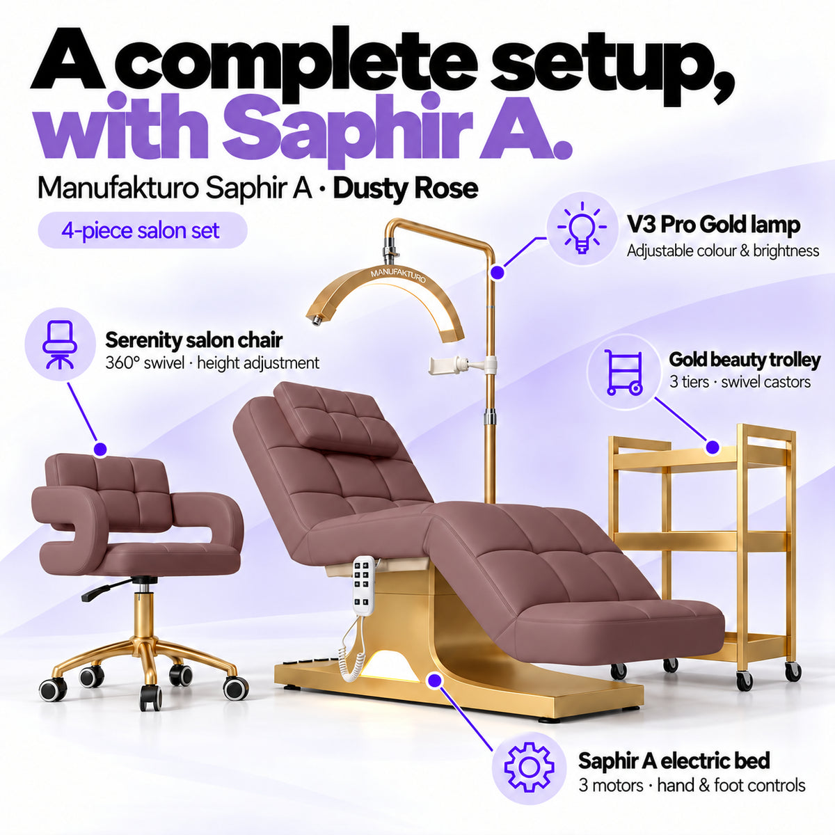 Manufakturo Saphir version A Dusty Rose four-piece salon set features: treatment bed, matching salon chair, V3 Pro Gold lamp and gold three-tier beauty trolley.