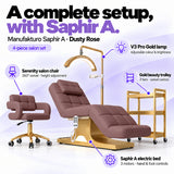 Manufakturo Saphir version A Dusty Rose four-piece salon set features: treatment bed, matching salon chair, V3 Pro Gold lamp and gold three-tier beauty trolley.