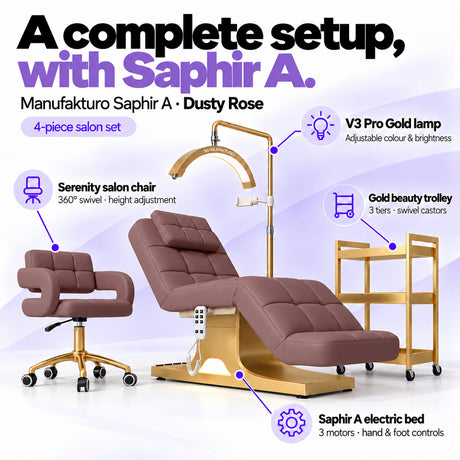 Manufakturo Saphir version A Dusty Rose four-piece salon set features: treatment bed, matching salon chair, V3 Pro Gold lamp and gold three-tier beauty trolley.