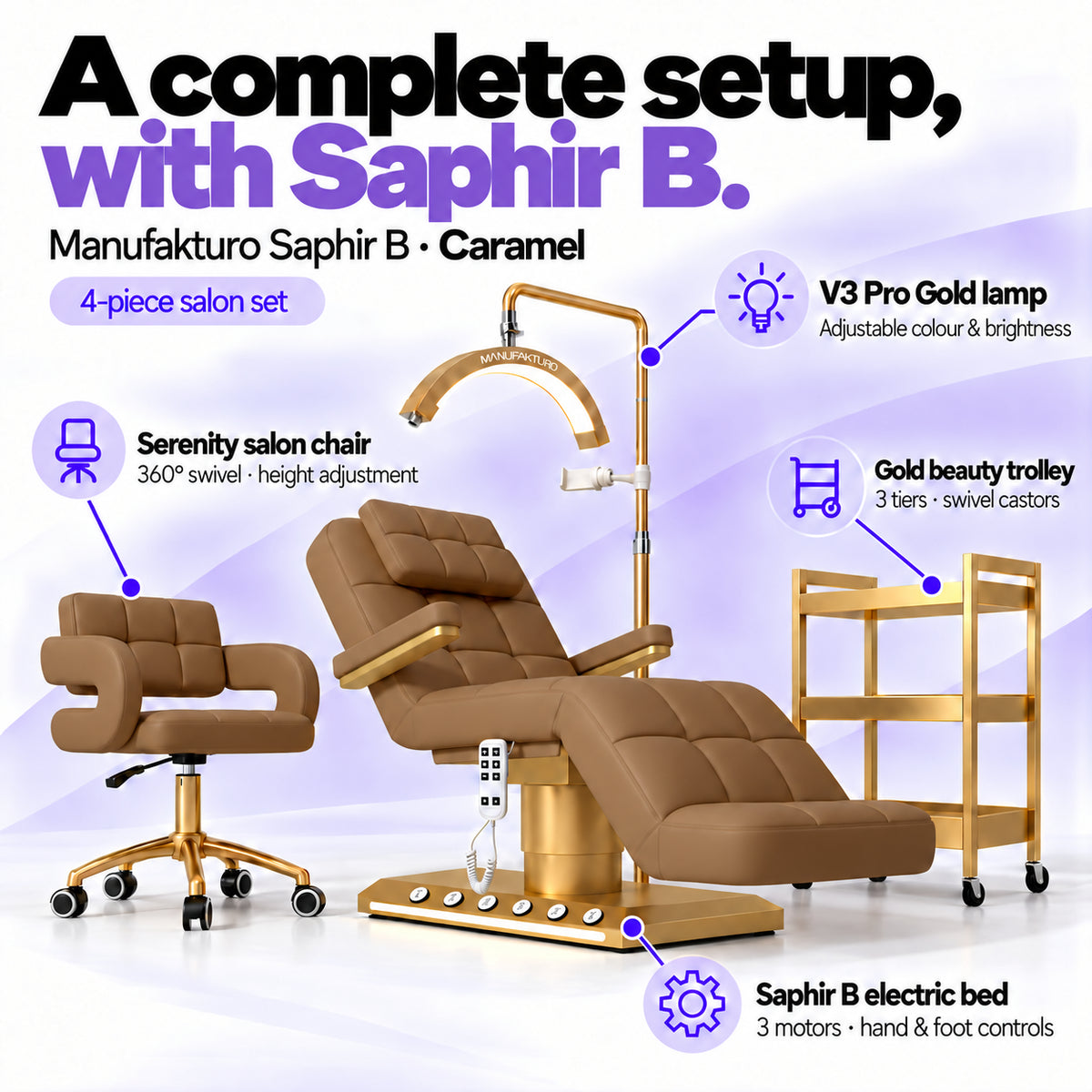 Manufakturo Saphir version B Caramel four-piece salon set features: treatment bed, matching salon chair, V3 Pro Gold lamp and gold three-tier beauty trolley.