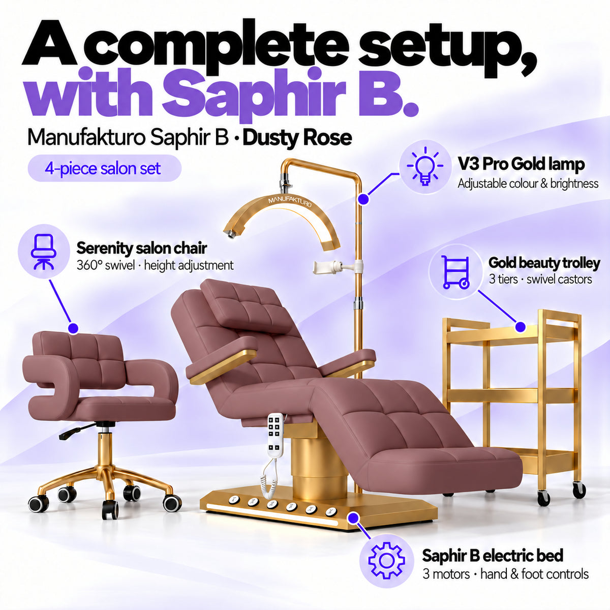 Manufakturo Saphir version B Dusty Rose four-piece salon set features: treatment bed, matching salon chair, V3 Pro Gold lamp and gold three-tier beauty trolley.