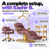 Manufakturo Saphir version B Dusty Rose four-piece salon set features: treatment bed, matching salon chair, V3 Pro Gold lamp and gold three-tier beauty trolley.