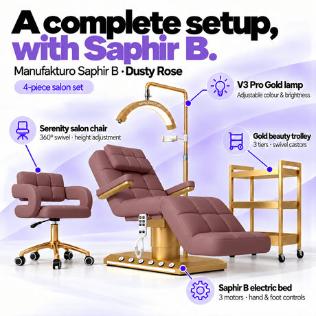 Manufakturo Saphir version B Dusty Rose four-piece salon set features: treatment bed, matching salon chair, V3 Pro Gold lamp and gold three-tier beauty trolley.