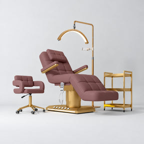 Manufakturo Saphir version B Dusty Rose four-piece salon set with treatment bed, matching salon chair, V3 Pro Gold lamp and empty gold three-tier beauty trolley.