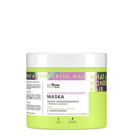 So!Flow Emolient & Protein Mask for Low Porosity Hair without Volume in a green jar with adaptogens, ideal for nourishing and adding volume. Vegan hair care product available at Roxie Cosmetics.