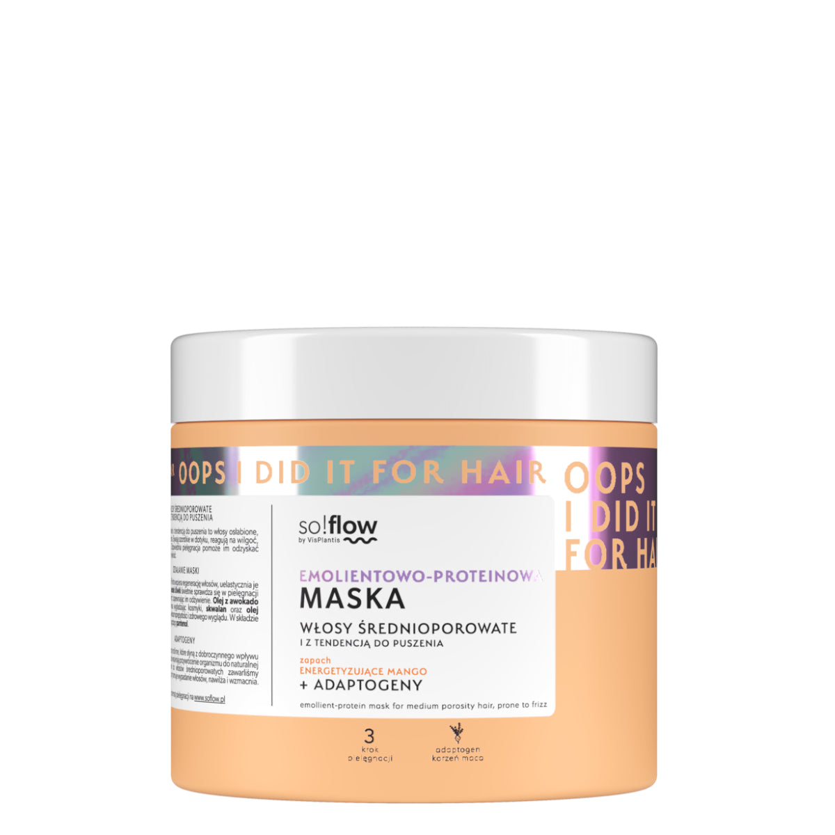 So!Flow Emolient & Protein Mask for Medium Porosity & Frizzy Hair in a peach-colored jar with detailed product labeling, ideal for hair care routines.